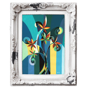 Abstract still life by London artist Paola Minekov, in red, yellow, blue and green, depicting colourful leafs. Framed in an opulent white boho frame