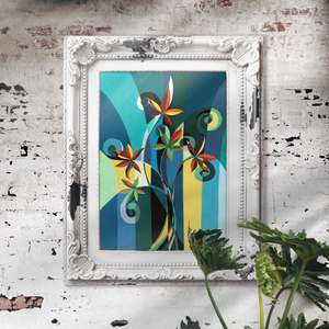 Abstract still life by London artist Paola Minekov, in red, yellow, blue and green, depicting colourful leafs. Framed in an opulent white boho frame and hung on a distressed brick wall painted in white
