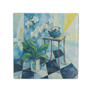 Linen Coaster, 11 x 11 cm, Single. Artwork: Still Life with Orchids and a Teapot - Lantern Space