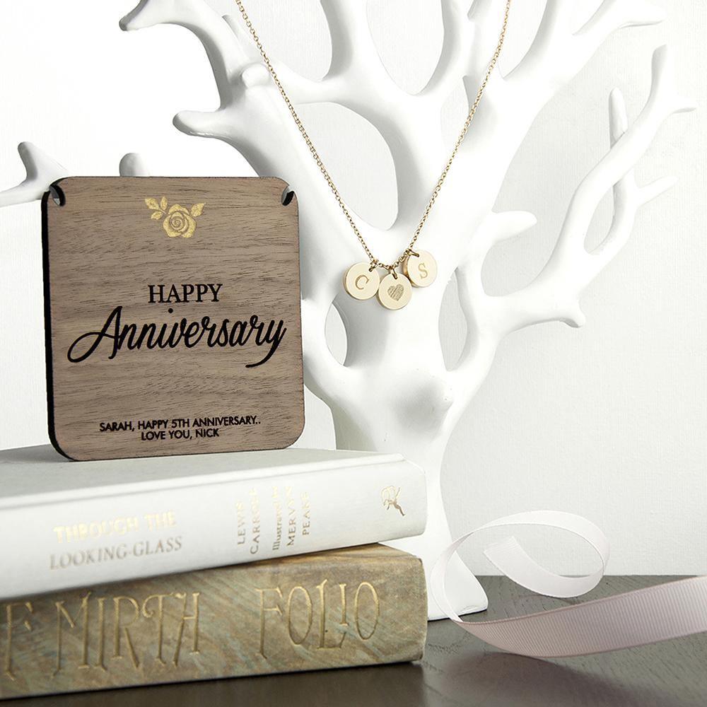 Personalised Happy Anniversary Necklace on a walnut wood keepsake - Lantern Space