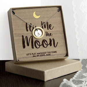 Personalised The Moon necklace on a walnut wooden keepsake - Lantern Space