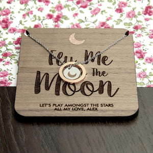 Personalised The Moon necklace on a walnut wooden keepsake - Lantern Space