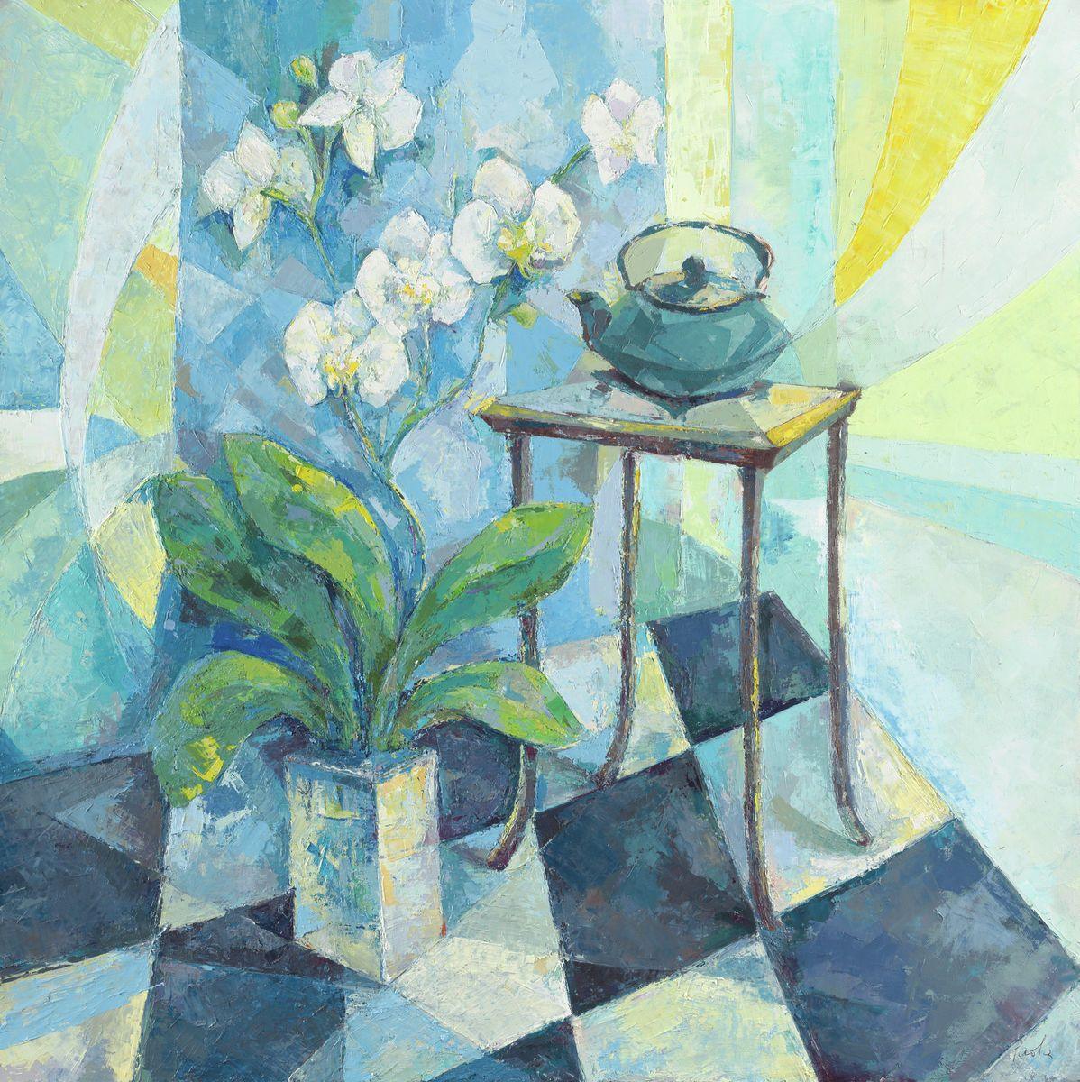 Still Life with Orchids and a Teapot, Art Print by Paola Minekov - Lantern Space